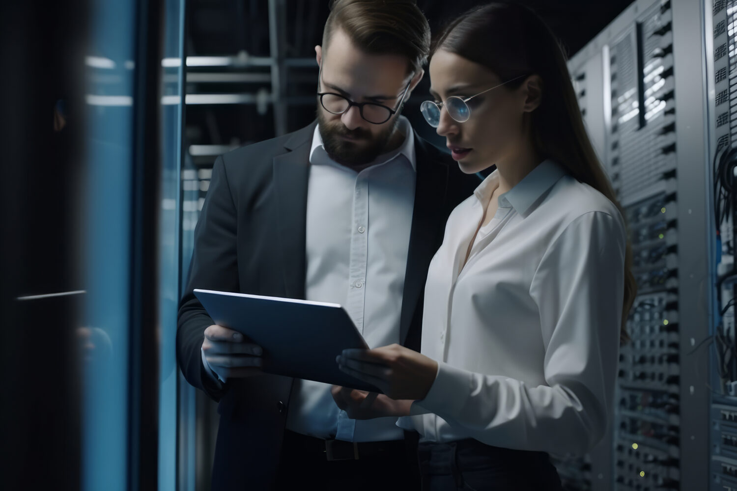Two people looking at a tablet in a server room. Generative AI