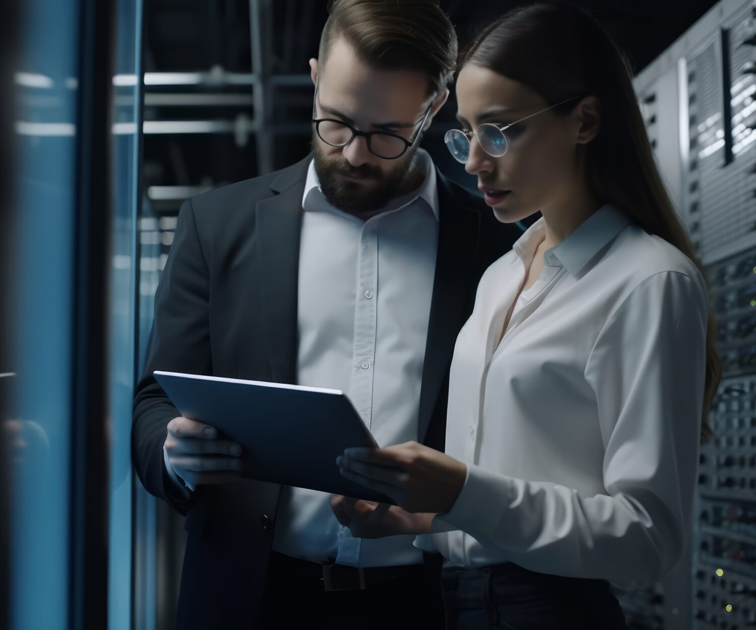 Two people looking at a tablet in a server room. Generative AI